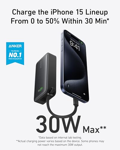 Anker Nano Power Bank, 10,000mAh Portable Charger with Built-in USB-C Cable, 30W Recharging, 30W Max Output with USB-C&A, for iPhone 16/15 Series, MacBook, Galaxy, AirPods, and More (Pack of 2) - color: Black Stone