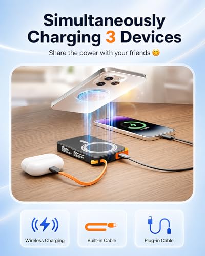 for Magsafe Portable Charger, 3-in-1 Magnetic Power Bank with Stand, 10000mAh Wireless Battery Pack Fast Charging with Built in Cable(USB C), Powerbank for iPhone17/16/15/14/13 Travel & Daily, Green | Built-in USB C Cable, Foldable Stand for Viewing, Up t
