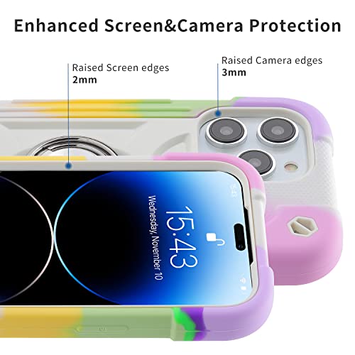 MARKILL Compatible with iPhone 14 Pro Case 6.1 Inch with Built-in Ring Stand, Military Grade Drop Protection Full Body Rugged Heavy Duty Case 3 in 1 Protective Durable Cover - color: Rainbow White, size: iPhone 14 Pro 6.1"