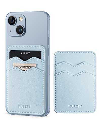 VULKIT Stick on Card Holder Compatible for iphone Leather Cell Phone Wallet Credit Card Case Strong Sticker for Women - color: Blue