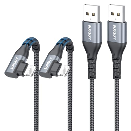 SUNGUY USB-A to Lightning Cable Right Angle 1FT 2-Pack, Short USB to Lightning iPhone Charger Cord 90 Degree Nylon Braided Compatible with iPhone 14/13/12/11 Pro Max Mini X XS XR 8 SE iPad9/mini - size: 1FT