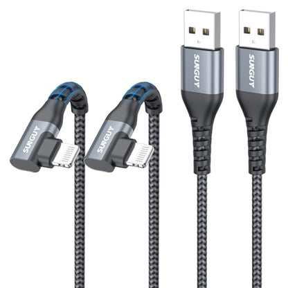 SUNGUY USB-A to Lightning Cable Right Angle 1FT 2-Pack, Short USB to Lightning iPhone Charger Cord 90 Degree Nylon Braided Compatible with iPhone 14/13/12/11 Pro Max Mini X XS XR 8 SE iPad9/mini - size: 1FT
