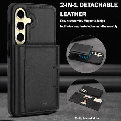 for Samsung Galaxy S25 Wallet Case, 2-in-1 Detachable Magnetic Wallet Case, Card Holder RFID Blocking, Fashionable Faux Leather Card Slot & Folding Design (Black) - color: Black, size: Samsung Galaxy S25