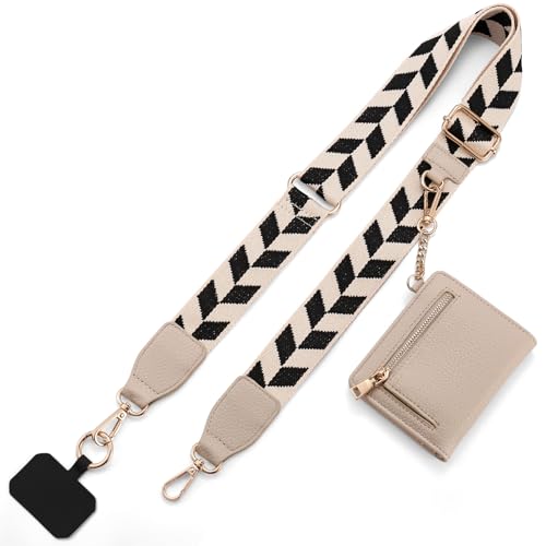 Diaclara Clip and Go Phone Strap with Zipper Pouch- Stylish Crossbody Adjustable Chain Lanyard with Leather Wallet for All Phones, Black and White - color: Black and White