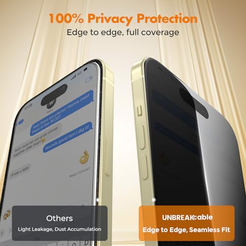 UNBREAKcable Privacy Screen Protector for iPhone 15, Full Coverage Shatterproof Tempered Glass [True 28°Anti Spy] [9H Hardness] [Easy Installation Frame] 2-Pack Private Screen for iPhone 15 - size: iPhone 15