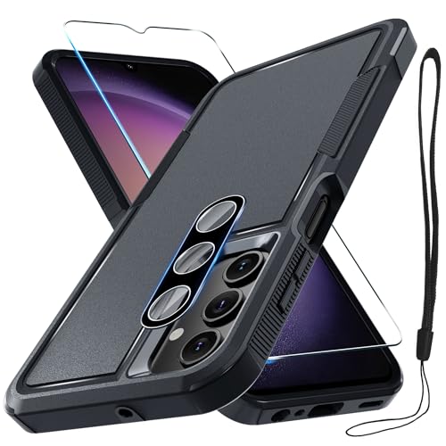Case for Samsung Galaxy A15 5G, Full Body Heavy Duty Rugged Shockproof Protective Phone Cover with Lanyard Strap, Tempered Glass Screen Protector and Camera Lens Cover, Black Matte | Rugged Shockproof Protective Phone Case with Lanyard Strap,Tempered Glas