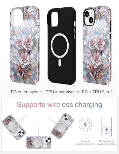 Jusy Magnetic Stained Glass Floral Case for iPhone 16e/17e, Pink Rose | Compatible with MagSafe, Cute Aesthetic Flower Design, TPU and PC Protective Phone Cover - color: Pink Rose