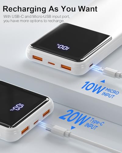 Power Bank Portable Charger 10000mAh PD 22.5W, Slim Battery Pack with LED Display & USB-C Input/Output, Compatible for Smartphones, Tablets,Travel Essentials. (White) - color: White