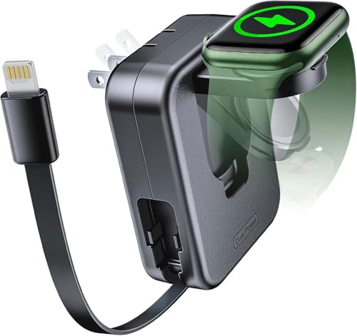 for Apple Watch Charger Block, 2 in 1 Wall Charger with Built-in Retractable Charging Cable, Travel Foldable Plug Power Adapter Compatible with iPhone iWatch (Black)