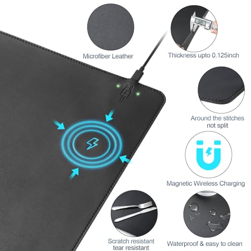 Magnetic Wireless Charging Mouse Pad, Office Desk Mat with Wireless Charger, Multifunctional Large Desk Pad with Non-Slip Base, Waterproof Leather Desk Pad for Gaming and Office Use(60X40cm)
