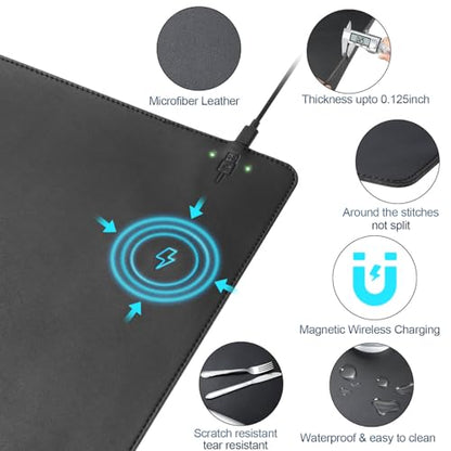 Magnetic Wireless Charging Desk Pad, Office Desk Mat with Wireless Charger, Waterproof and Scratch-Resistant Large Mouse Mat, Leather Mouse Pad for Office and Home Use