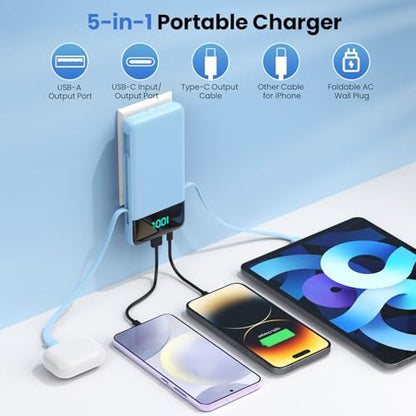 Portable Charger for iPhone with Built in Cables and Wall Plug,Upgraded 13800mAh Fast Charging USB C Power Bank,4 Outputs Travel Essential Battery Pack Compatible with iPhone 17/16/15/14,-Light Blue - color: Light Blue