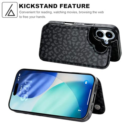 HAOPINSH Wallet Case with Card Holder for Phone 17, Black Leopard Cheetah Pattern Back Flip Folio PU Leather Kickstand Card Slots Case, Double Magnetic Clasp Shockproof 6.3" - color: Black Leopard