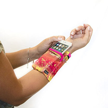 Sprigs Wrist Wallet Running Wristband Pocket for Keys Cards Cash ID Phone - color: Yellow Paisley/ Pink