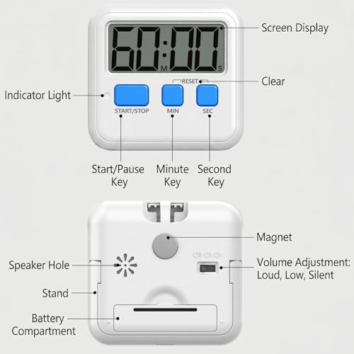 Digital Timer, LCD Display with Adjustable Volume Alarm, Countdown and Countup Modes, Strong Magnet and Foldable Stand, Battery Operated for Kitchen Study Gym and Daily Time Management - color: Blue
