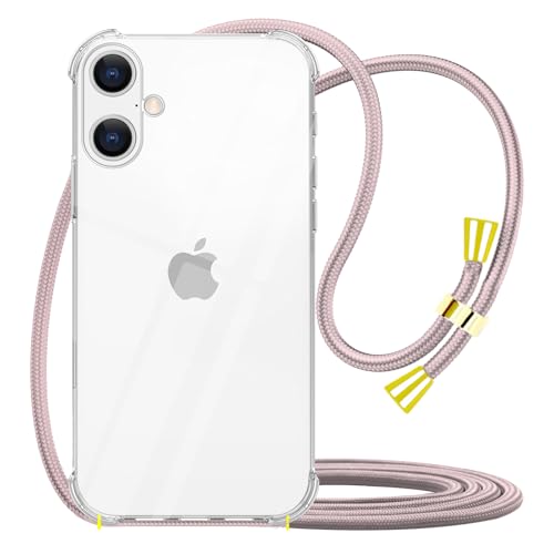 Clear Case for iPhone 16 Adjustable Lanyard Neck Strap for Women Soft TPU Rubber Bumper Case Cover Transparent Slim Shockproof Protective Phone Case for iPhone 16 - Rose Gold - size: for iPhone 16