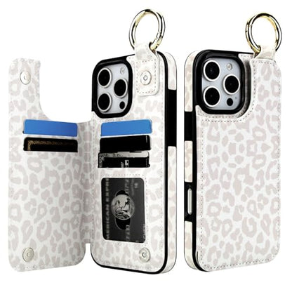 HAOPINSH for iPhone 16 Pro Max Wallet Case with Card Holder, White Leopard Cheetah Print Back Flip Folio PU Leather Kickstand Card Slots Case, Finger Grip Ring Double Magnetic Clasp Shockproof 6.9" - color: White Leopard Grip Ring