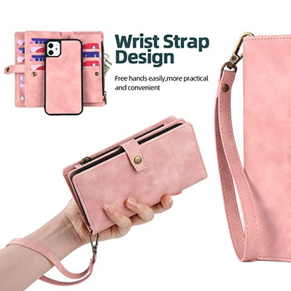 TwoHead for iPhone 11 Wallet case with 11 Card Holder (Pink) | Detachable Magnetic Phone Case, PU Leather Wallet for Women/Men,Wireless Charging Compatible,with Wrist Strap - color: Pink