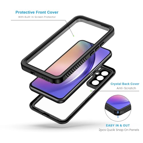 Lanhiem for Samsung Galaxy A54 5G Phone Case, IP68 Waterproof Dustproof, [Built-in Screen Protector] Full Body Protective Phone Case for Samsung Galaxy A54, Black/Clear - color: Black/Clear