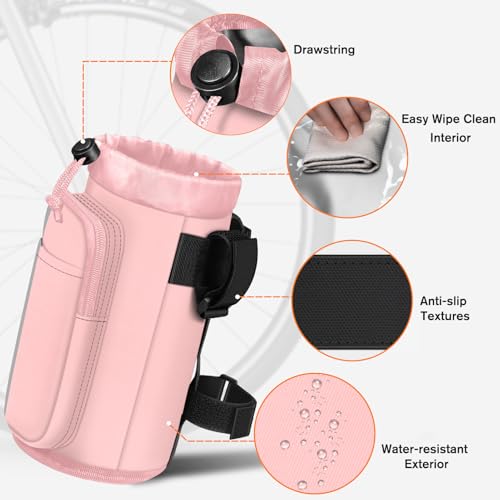 FINPAC Cup Holder for Bike, Universal Water Bottle Holder w/Phone Pockets - color: Pink
