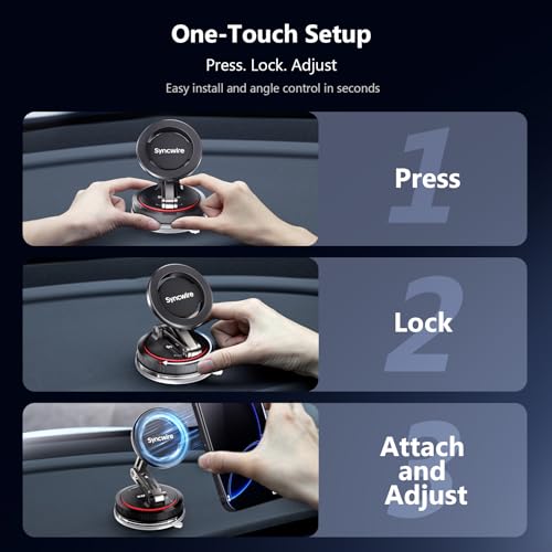 SYNCWIRE for MagSafe Car Mount [3-Axis] Nano Adhesive Gel + Strong Suction Cup Magnetic Phone Holder for Dashboard & Windshield, 360° Adjustable for iPhone 17 16 15 14 13 12, Samsung, Matte Black - color: Black