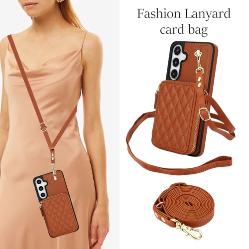 Asuwish Phone Case for Samsung Galaxy S25 5G Wallet Cell Cover with Tempered Glass Screen Protector Wrist Crossbody Strap RFID Blocking Credit Card Holder S 25 25S 25 25S SM-S931U Women Girls Brown - color: Brown