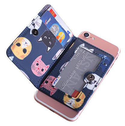CheapSunday ID Card Holder for Back of Phone Leather Phone Wallet Stick On with Stand Flip Waterproof Leather Adhesive Wallet for Most Cellphones (Blue Cat Small) - color: Bluecat Small