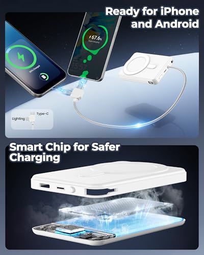 10000mAh Portable Charger, 20W Fast Charging, Built-in Cables with Handle | Charge from 20% to 85% in 30 Mins, 30% Smaller, magnetic grip, Stays Cool, LED Display, for iPhone, Samsung, Android Phones - color: 02.White