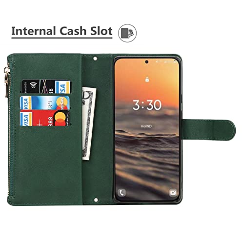 iCoverCase for Samsung Galaxy S23 Wallet Case with Card Holder, Kickstand Feature PU Leather Case with Adjustable Crossbody Lanyard Magnetic Clasp Zipper Pocket Flip Cover (Green) - color: Green, size: Galaxy S23