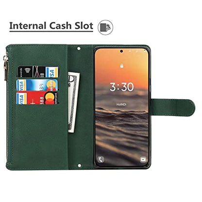 iCoverCase for Samsung Galaxy S23 Wallet Case with Card Holder, Kickstand Feature PU Leather Case with Adjustable Crossbody Lanyard Magnetic Clasp Zipper Pocket Flip Cover (Green) - color: Green, size: Galaxy S23