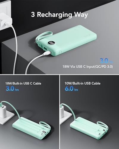 VRURC Portable Charger, 22.5W Fast Charging Power Bank Built‑in 4 Cables - color: Green