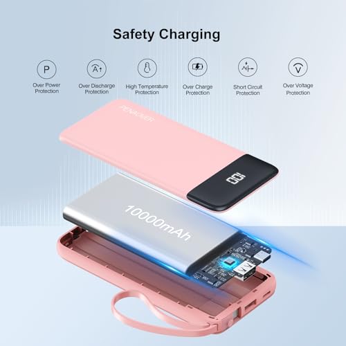 Portable Charger Built-in Cables,10000mAh Fast Charge Power Bank for iPhone - color: Pink