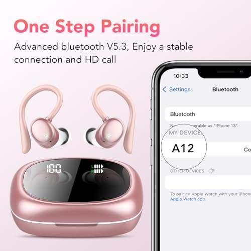 Bluetooth Headphones Wireless Earbuds 72hrs Playtime Wireless Charging Case Digital Display, Ear Buds with Earhook, Deep Bass 2.0, IPX7 Waterproof Over-Ear Earbuds for Android iOS Workout