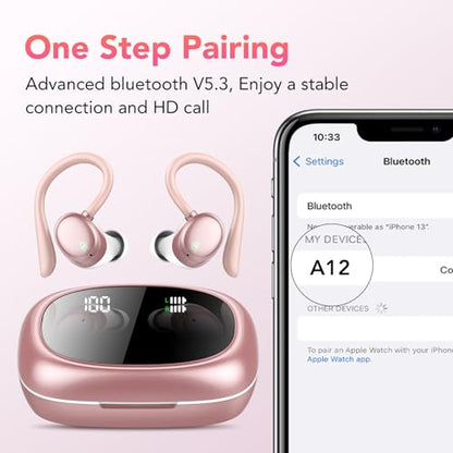 Bluetooth Headphones Wireless Earbuds 72hrs Playtime Wireless Charging Case Digital Display, Ear Buds with Earhook, Deep Bass 2.0, IPX7 Waterproof Over-Ear Earbuds for Android iOS Workout