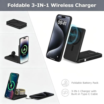 Wireless Charging Station Compatible for Phone: 3 in 1 Charger Stand for Phone 17/16/15/14/13/12 Series and Watch - Foldable USB C Magnetic Stand