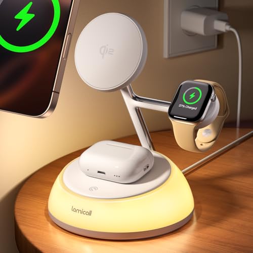 Lamicall 4-in-1 Qi2 Certified Wireless Charging Station for Magsafe, [LED Night Light] 15W Fast Magnetic Charger Stand Gifts, for iPhone 18 Pro/Max/Duo 17 16 15 14 13 12, Watch, Air pods, 30W Adapter