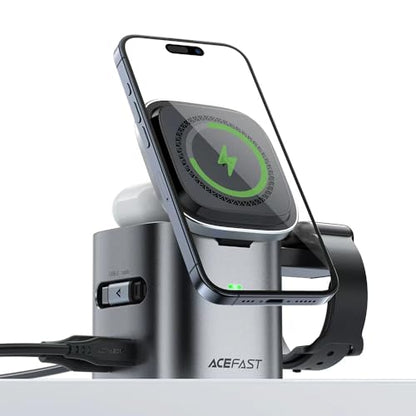 ACEFAST 6-in-1 80W Foldable GaN Wireless Fast Charging Station for iPhone 17/16/15 Series, Desktop Magnetic Wireless Charger Dock Station with USB C Rretractable Cable for AirPods 2/3/4/Pro 2/Pro 3