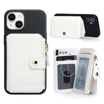 M-Plateau Phone Wallet Stick on, PU Leather Card Holder with Zipper Pocket Compatible with iPhone Case (White) - color: White