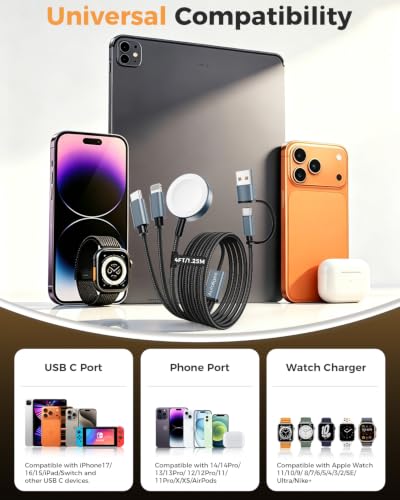 5FT Travel Essentials for Apple Watch Charger/L Charger/USB C Charger - color: Black, size: 1Pack-5FT