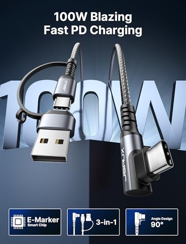 JSAUX 3-in-1 USB C Cable 2-Pack 10FT, 100W Right-Angle Fast Charging, Grey - color: Grey, size: 10FT