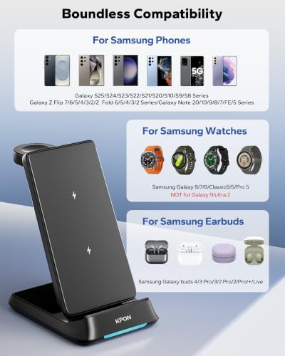 KPON 3 in 1 Charging Station for Samsung, Wireless Charger for Thick Cases, Foldable Phone and Watch Charger Stand for Galaxy S26/S25/S25 Ultra/S24/Android Devices, Galaxy Watch Not for watch9/ultra2