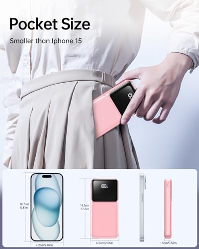 RONEGN Portable Charger with Built in Cable -20000mAh Fast Charging Power Bank USB C Slim 22.5W LED Display Battery Pack 5 Outputs & 3 Inputs for Travel Essentials iPhone Samsung Phones Pink - color: Pink