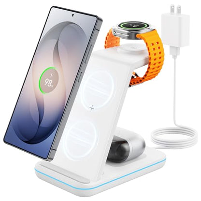 JoyGeek 3 in 1 Wireless Charging Station for Samsung&Android, Charger Stand for S26/S25/S24/S23/S22/S21/S20/Note20/Z Fold&Flip Series, Galaxy Watch8/7/6/5/4/3/Active2/1, Not for Watch9 / Ultra2 - color: White