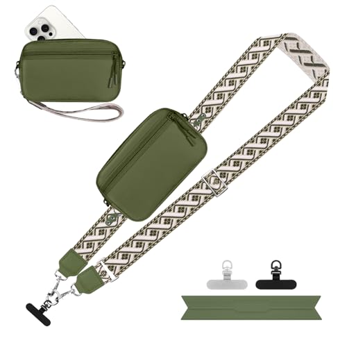YFWE Clip and Go Strap for Phone with Wallet Crossbody, Adjustable Phone Lanyard with Detachable RFID Wristlet Wallet, Pattern Strap - Olive Green(L) - color: Olive Green, size: Large