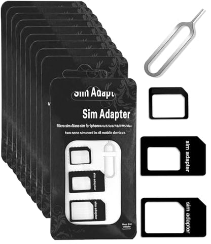 10 Pack, Sim Card Adapter Nano Micro - Standard 4 in 1 Converter Kit with Steel Tray Eject Pin, Black