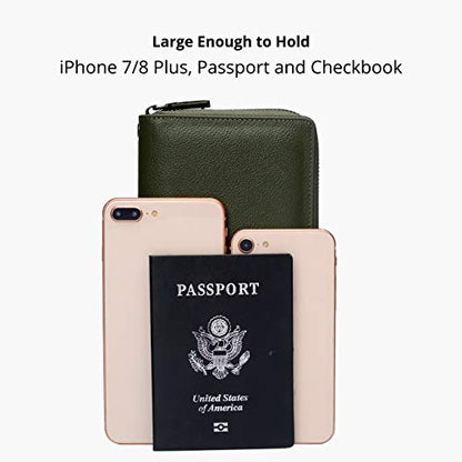 Bveyzi Women RFID Blocking Wallet Leather Zip Around Phone Clutch Large Capacity Ladies Travel Purse Wristlet - color: Olive Green