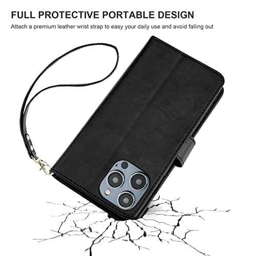 Bocasal Detachable Wallet Case Card Holder for iPhone 14 Pro Max Black | RFID Blocking Kickstand Card Slots Holder PU Leather Magnetic Shockproof Wrist Strap Removable Flip Protective Cover 6.7 inch - color: Black