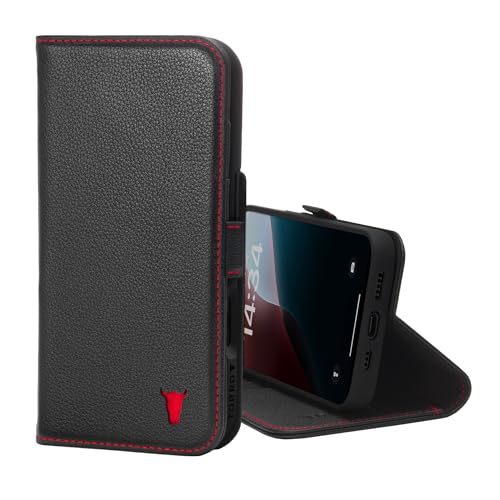 TORRO Premium Leather Case Compatible with iPhone 16 Pro 6.3" – Genuine Leather Wallet Flip Folio Case with Kickstand and Card Slots (Compatible with Official MagSafe Chargers) - Black - color: Black with Red Detail