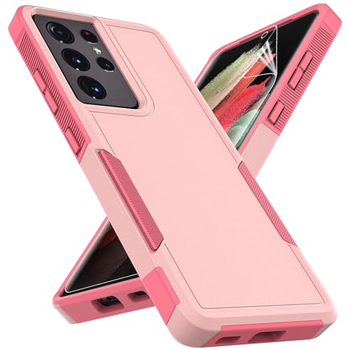 for Samsung Galaxy S21 Ultra Case: Dual Layer Protective Heavy Duty Cell Phone Cover Shockproof Rugged with Screen Protector - Military Protection Bumper Tough - Samsung Galaxy S21 Ultra 5G, Pink - color: Pink (PC) + Pink (TPU)
