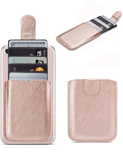 Phone Card Holder RFID Sleeve, PU Leather Stick-On Pull 5 Card Phone Wallet - color: Rose